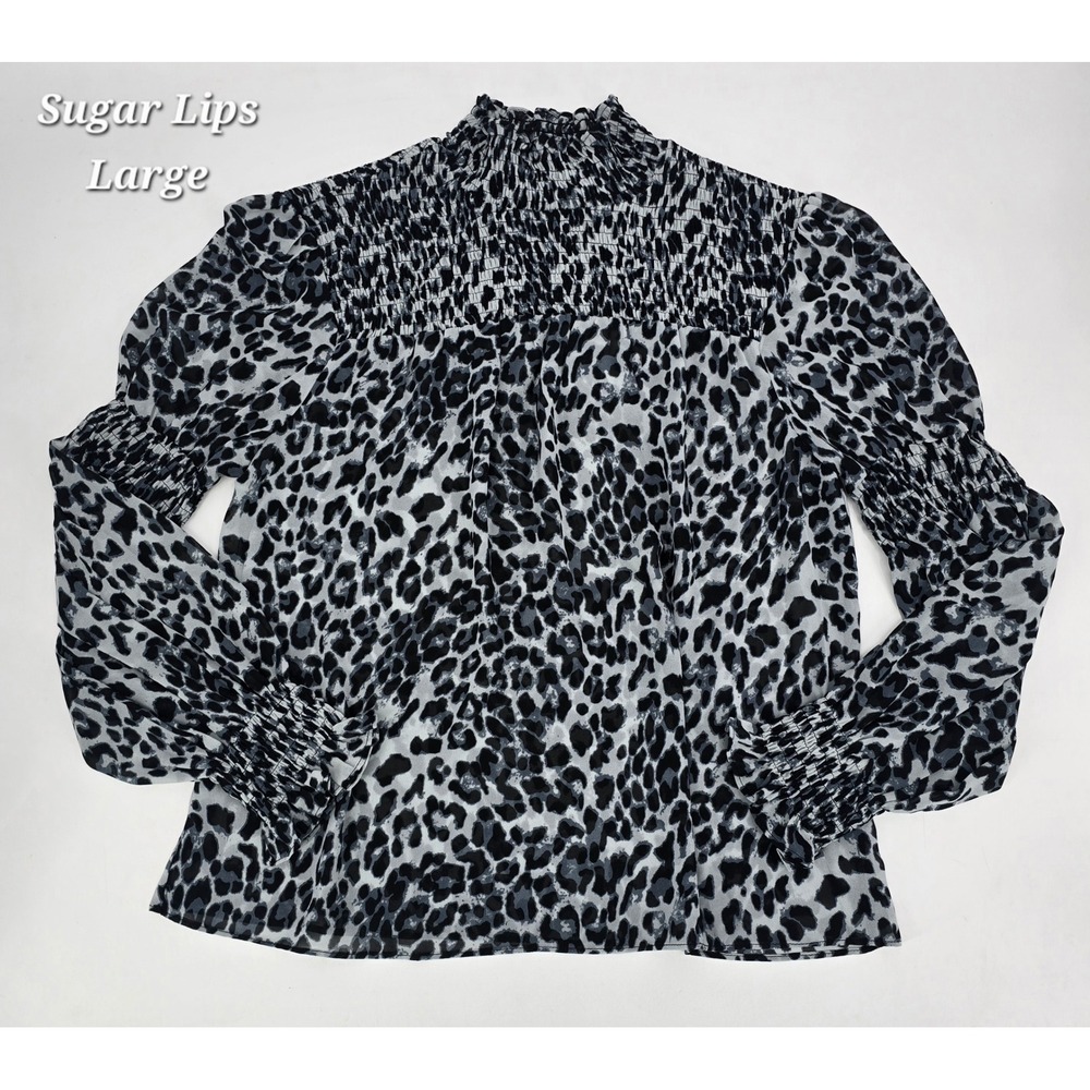 Sugar + Lips Leopard Print Smocked Mock Neck Blouse Gray Black‎ Long Sleeve L